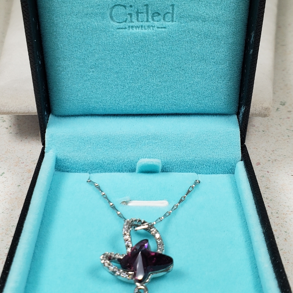 Citled Swarovski Crystal Birth Stone Amethyst Double Butterfly Pendant - Picture 4 of 13